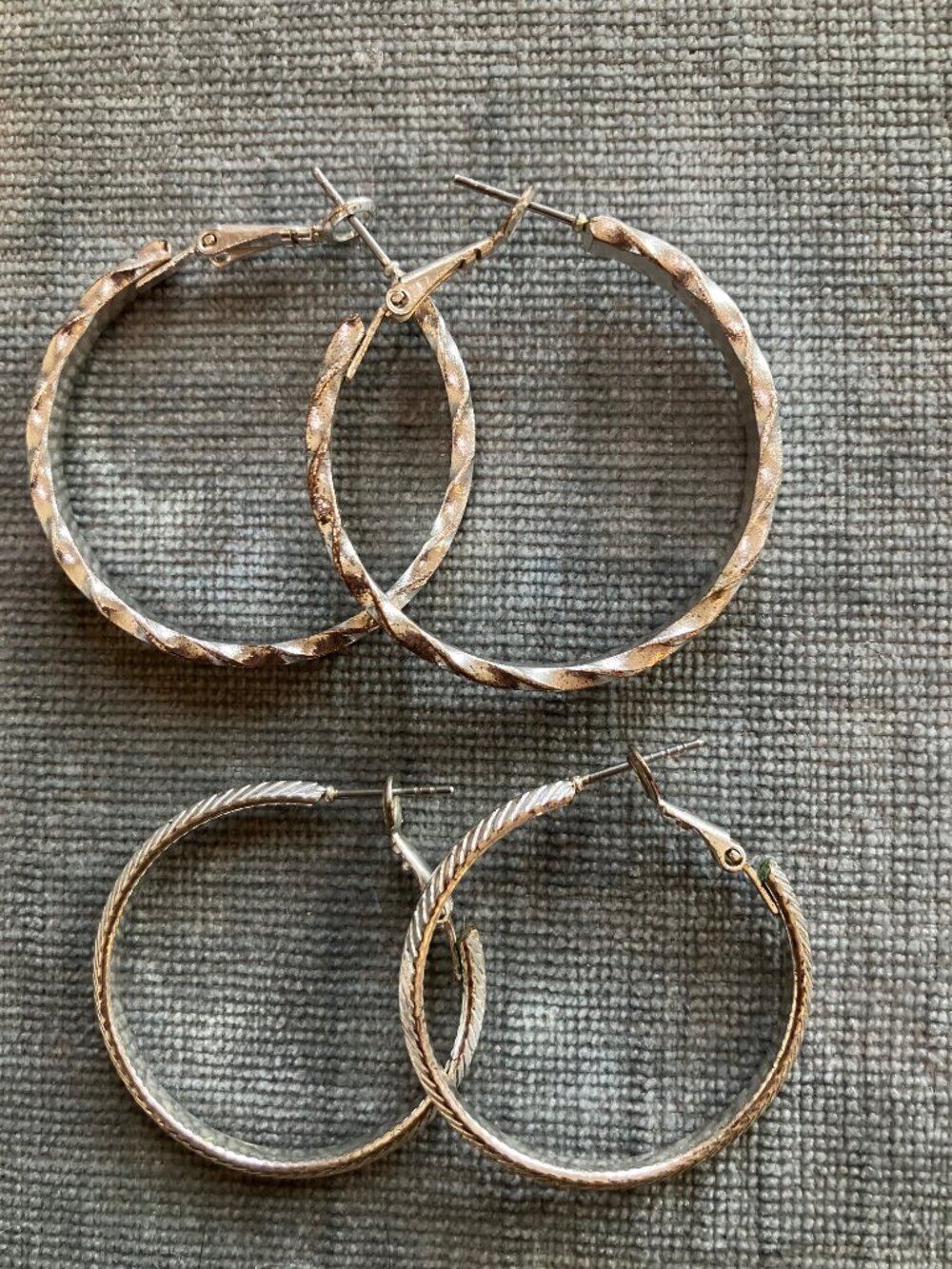 2 Pair Silver Tone Hoop Earrings Textured Twisted Large Statement Vintage Style